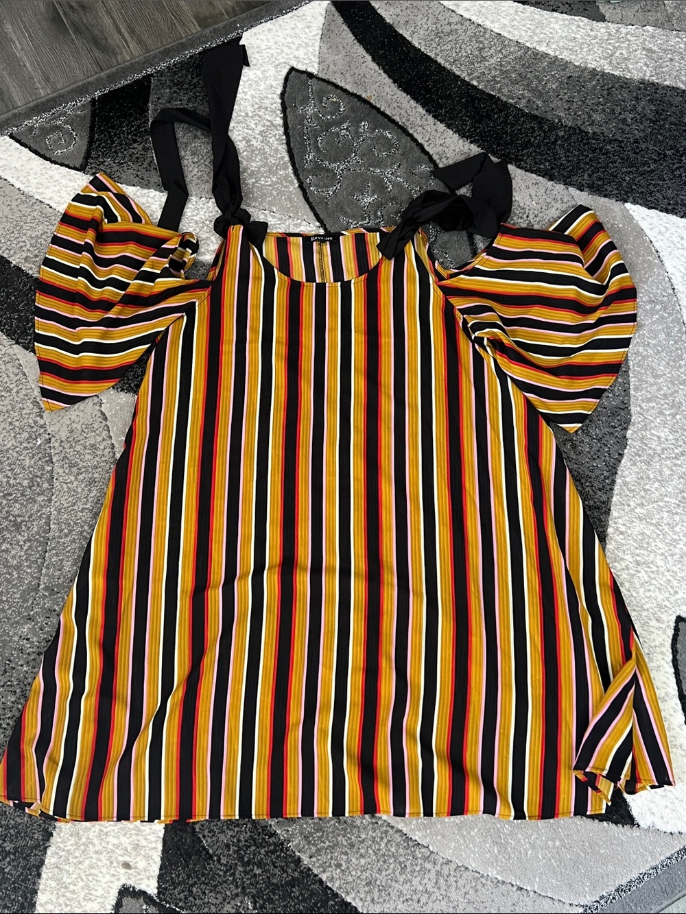 Cold-Shoulder Midi Dress with Tie Straps in Black, Yellow & Red Stripe